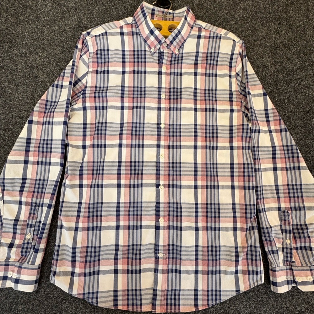 Express Men's Plaid Button-Down Shirt in White, Blue & Pink